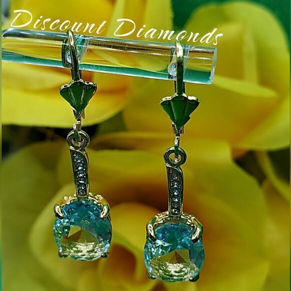 Aquamarine Gemstones 14K Yellow Gold On 925 Silver Leverback Earrings - Picture 3 of 6